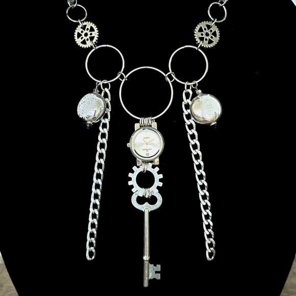 #569 Symmetric Silver Steam=Funk Statement Necklace - Picture 1 of 3